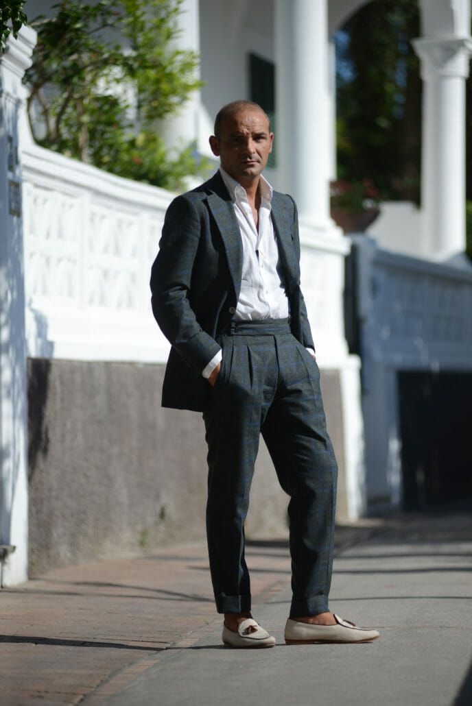 How to style a classic fit pleated pant suit?