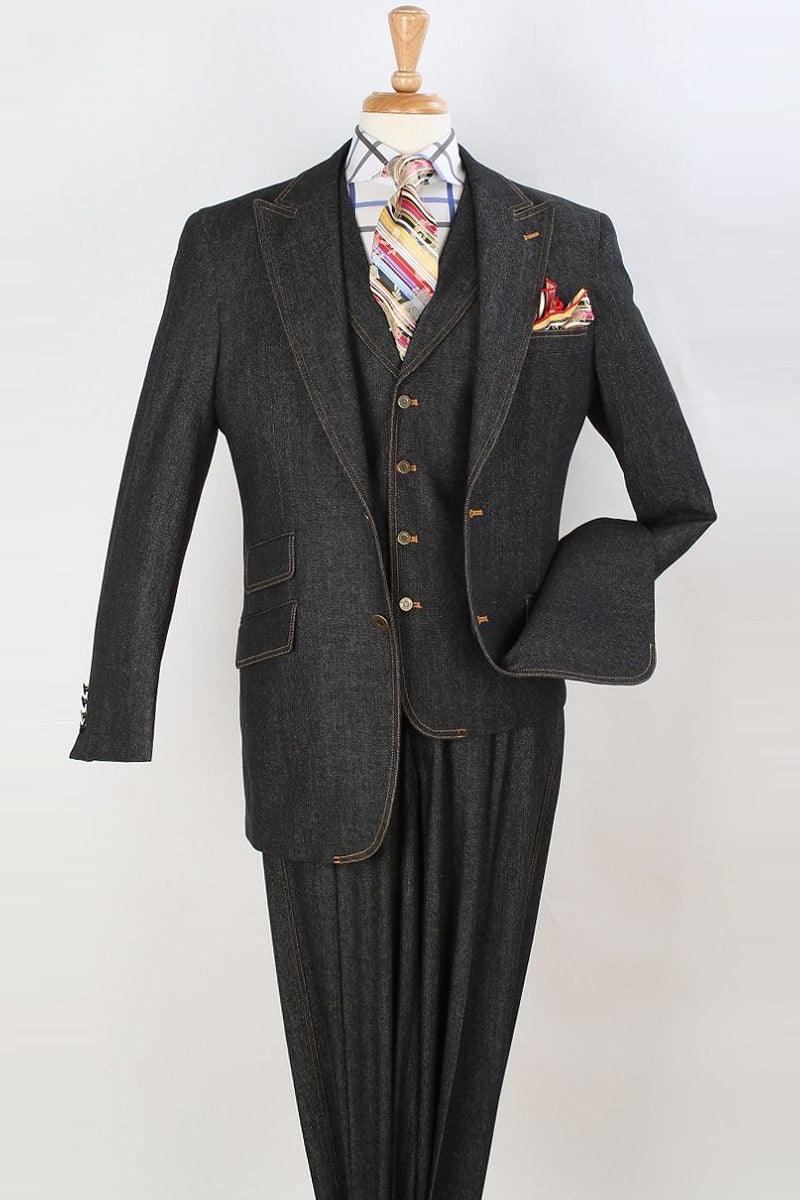Apollo King Men's Peak Lapel Vested Denim Suit in Black - Elegant Mensattire
