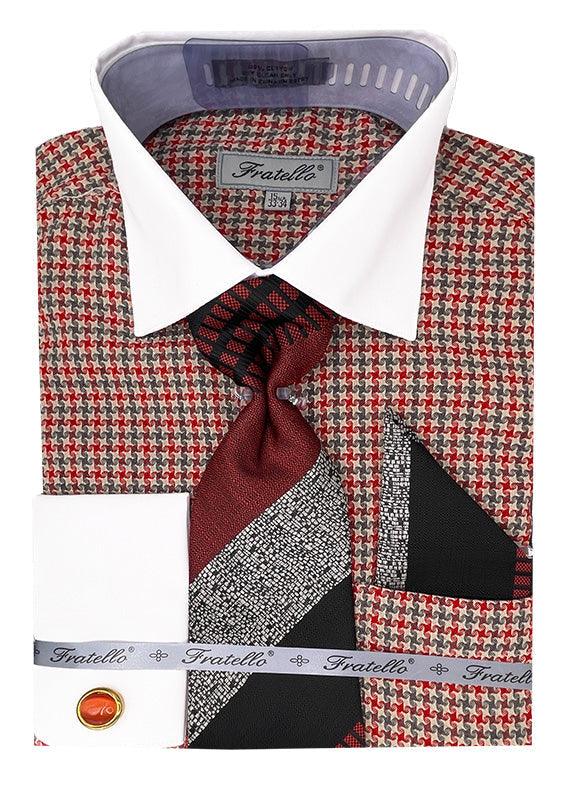 "Daniel Ellissa Men's Red Vintage Houndstooth Dress Shirt & Tie Set" - Elegant Mensattire