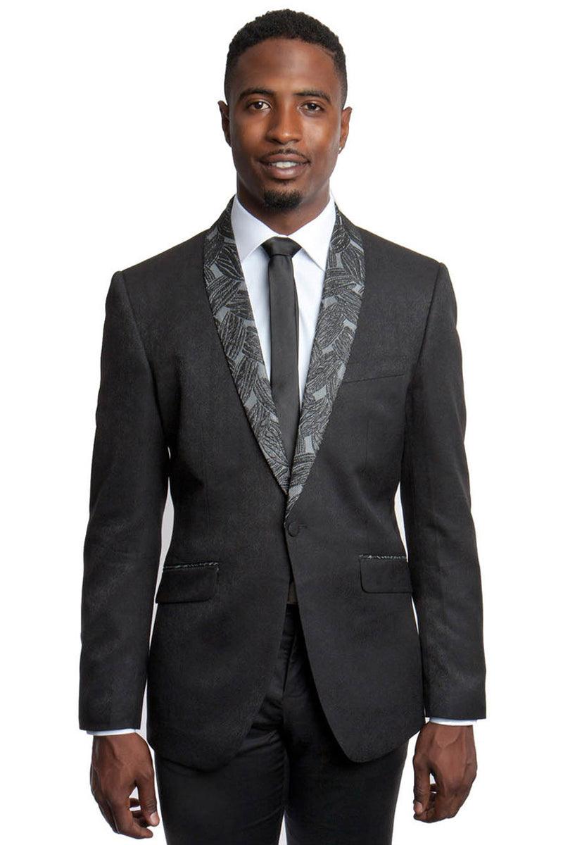 Examples:
Tazio Men's Elegant One-Button Slim Fit Jacket with Preppy Leaf Lapel in Black - Elegant Mensattire