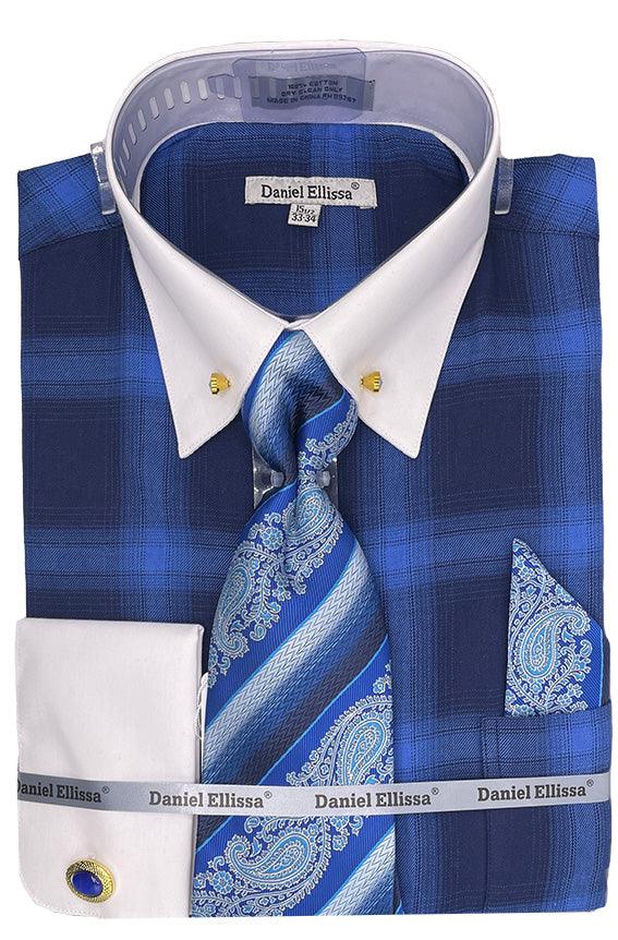Men's Blue Flannel Plaid Shirt & Tie Set by Daniel Ellissa - Elegant Mensattire