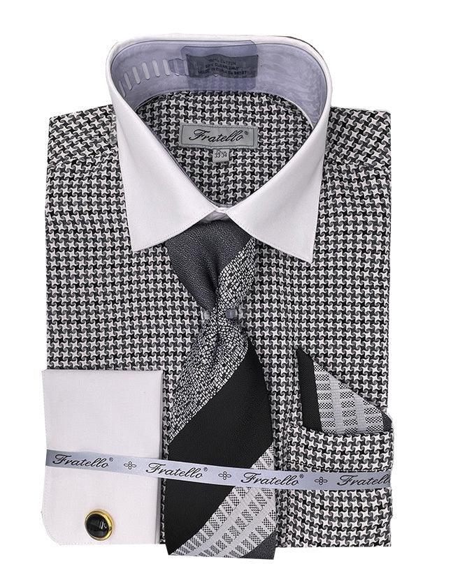 Men's Classic Black Houndstooth Shirt & Tie Set by Daniel Ellissa - Elegant Mensattire