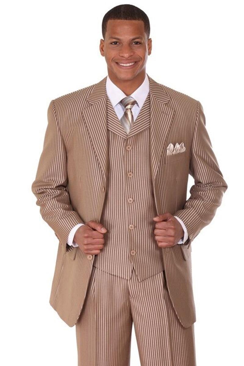"3-Button Narrow Sharkskin Pinstripe Suit | Tan | Fortino Landi" - Elegant Mensattire