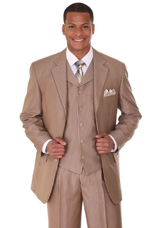"3-Button Narrow Sharkskin Pinstripe Suit | Tan | Fortino Landi" - Elegant Mensattire