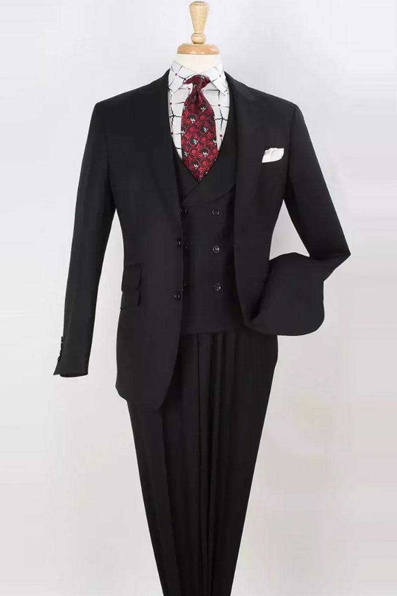 A Bold Look: Apollo King Black Wool Wide Peak Lapel Double Breasted Slant Vest Suit - Elegant Mensattire