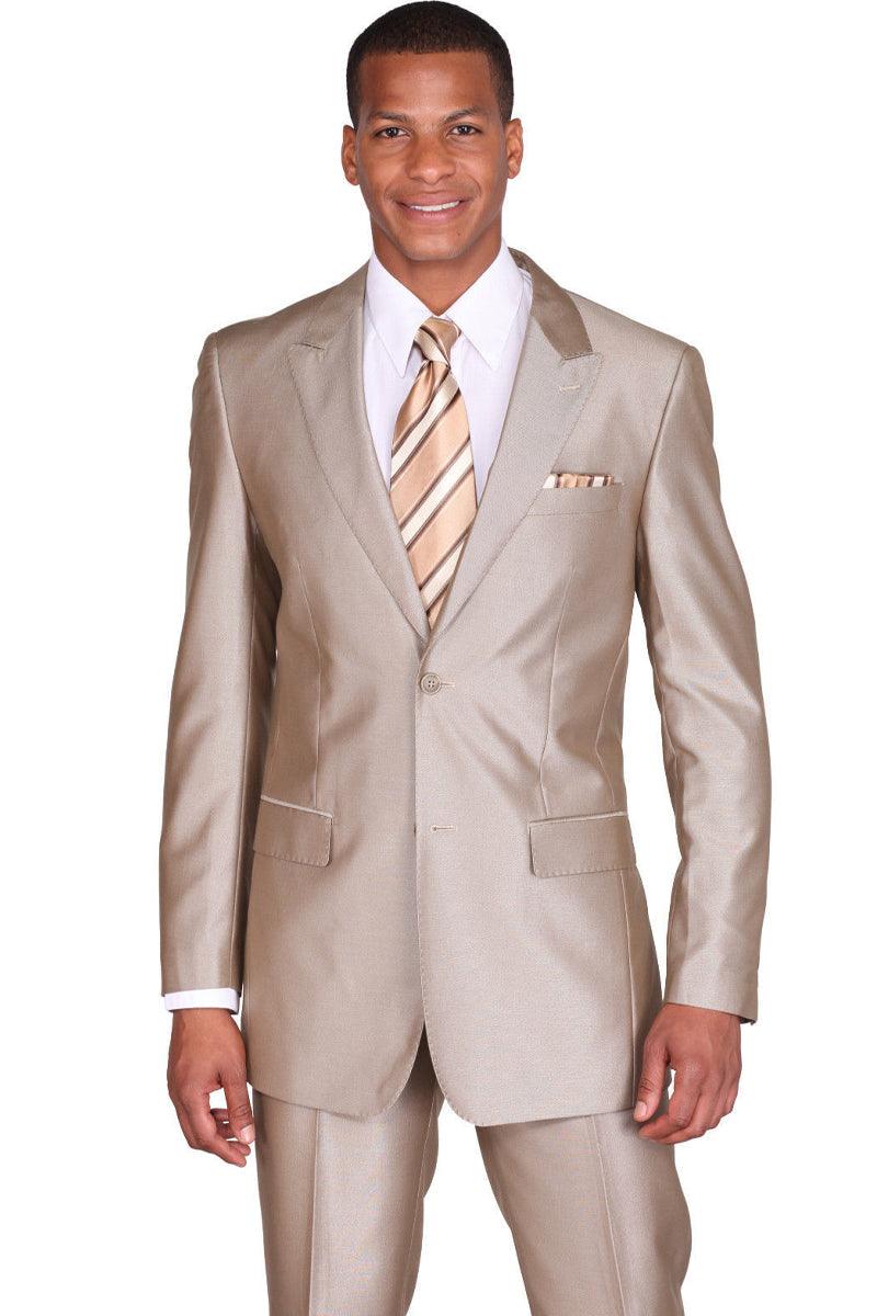 Answer: Tan "Shiny Sharkskin" 2-Button Slim-Fit Suit with Peak Lapel by Fortino Landi - Elegant Mensattire