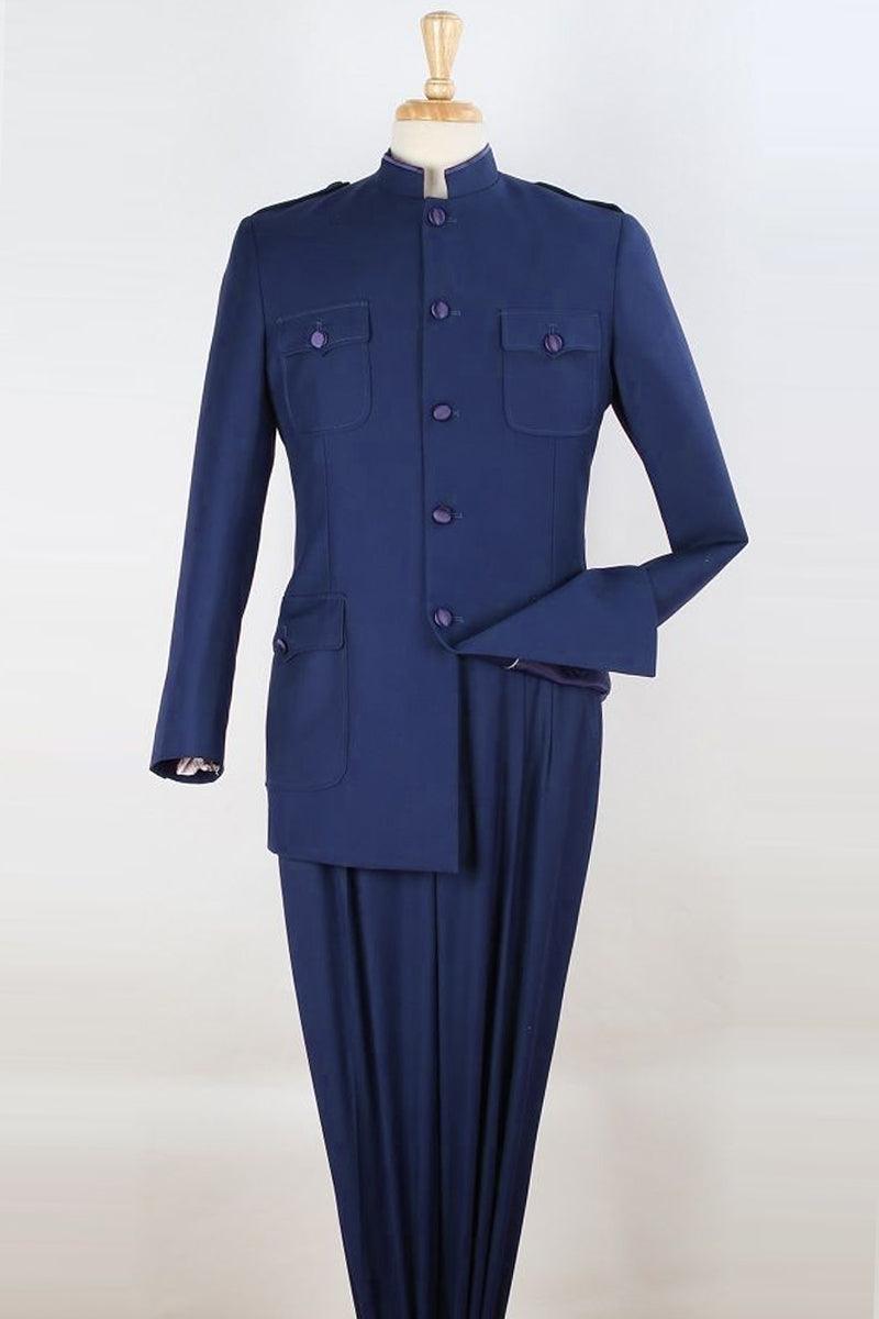 Apollo King 5-Button Navy Safari Banded Suit - Refined Menswear - Elegant Mensattire