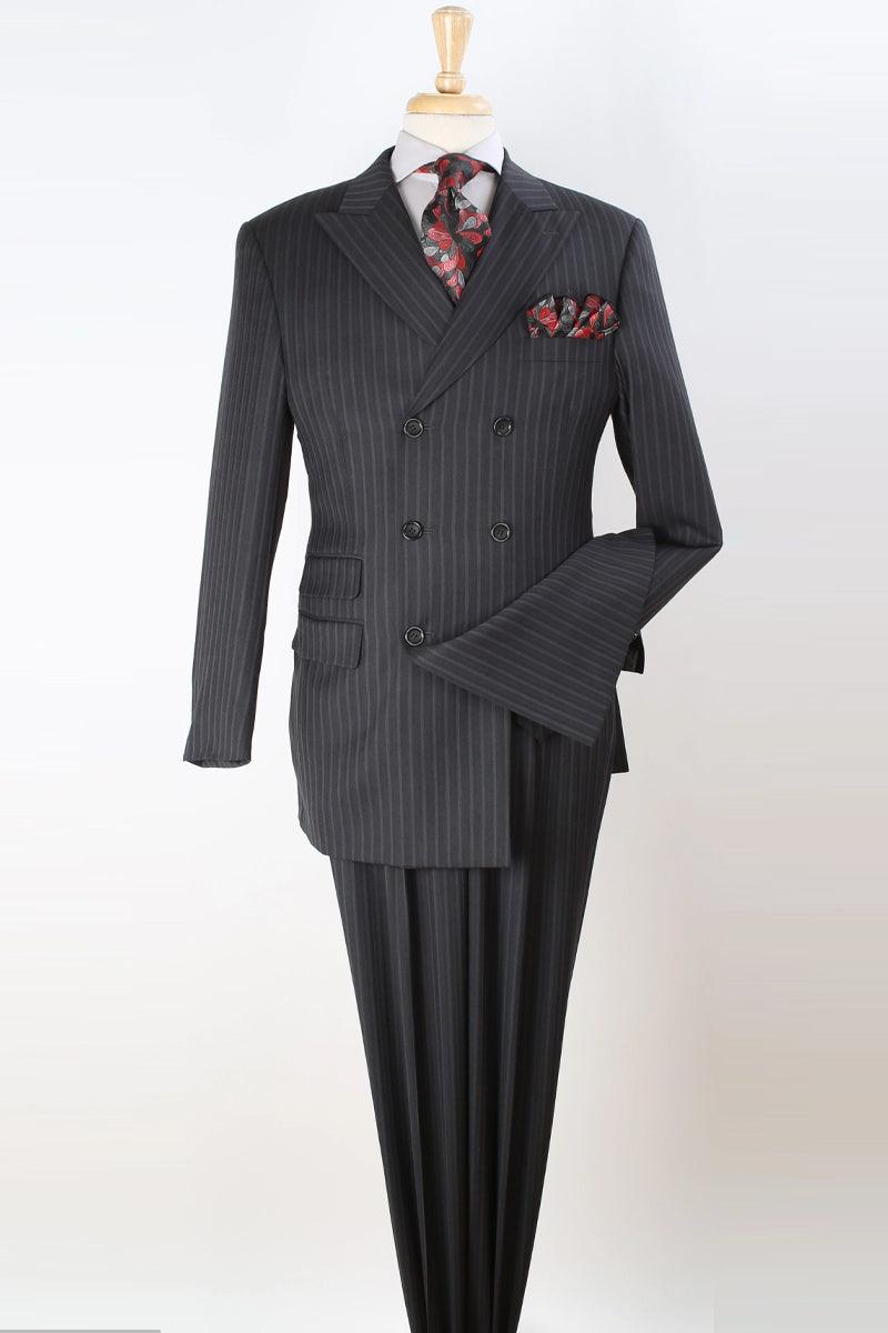 "Apollo King Black Pinstripe Wool Vested Double Breasted Suit" - Elegant Mensattire