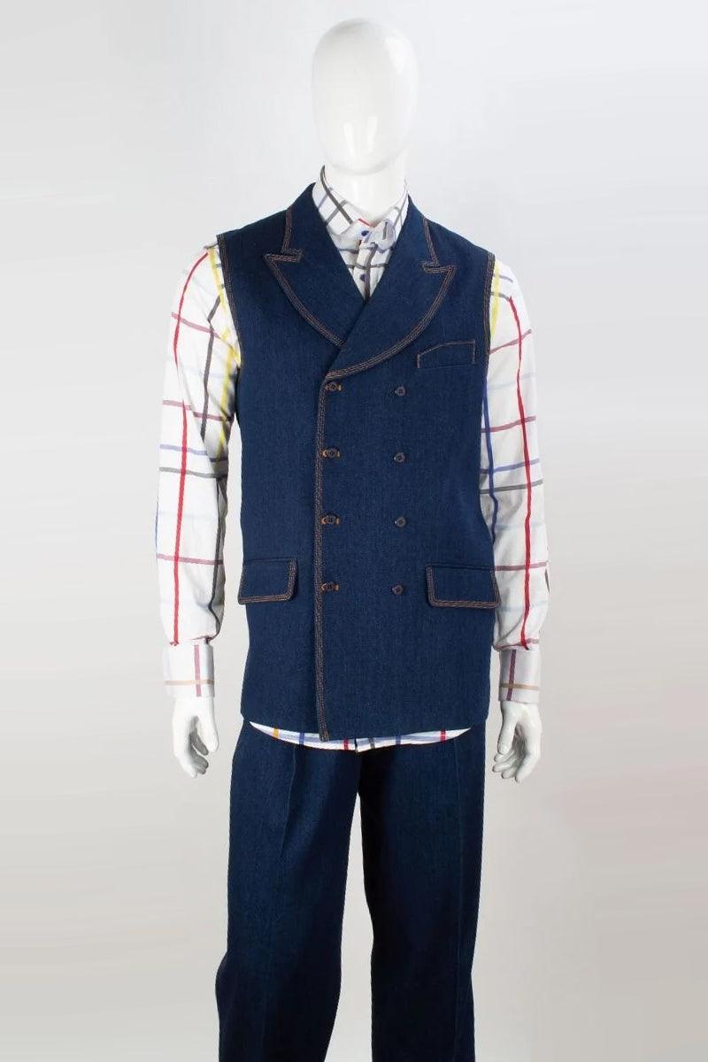 Apollo King Blue Peak Lapel DB Denim Set: Vest & Pants - Elegant Mensattire