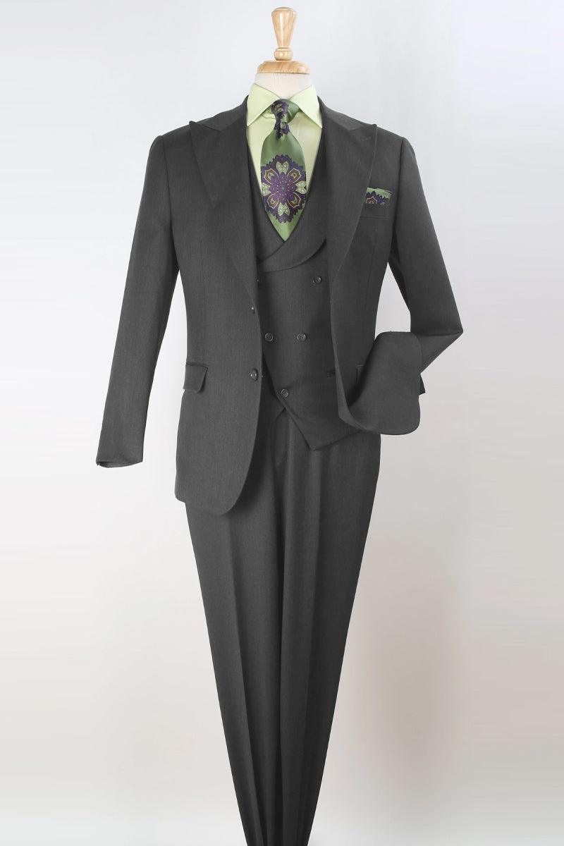 "Apollo King Charcoal Grey Wool Double-Breasted Wide-Peak Slant Vest Suit" - Elegant Mensattire