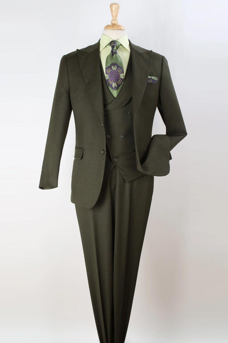 Apollo King: Classic Wide Lapel Slant Vest Suit in Olive Green - Elegant Mensattire