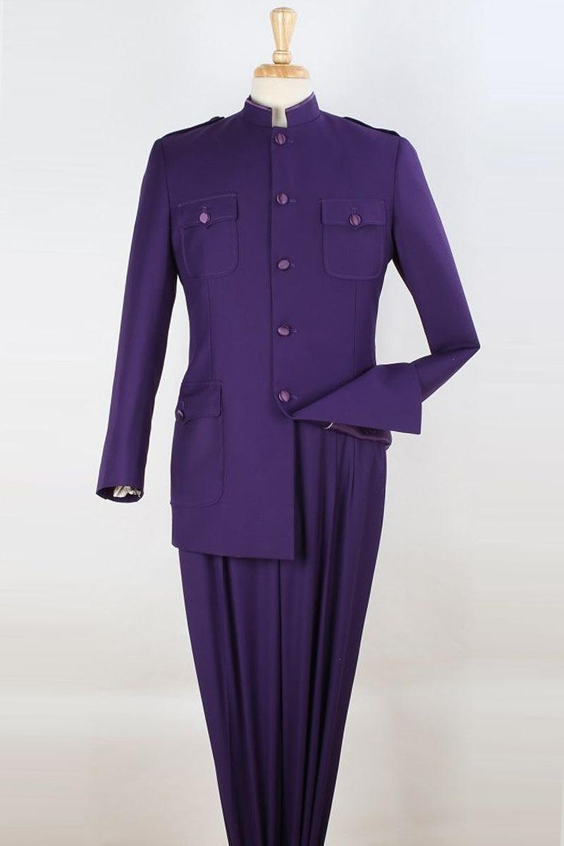 "Apollo King Men's 5-Button Safari Suit - Military-Inspired Mandarin Collar in Purple" - Elegant Mensattire