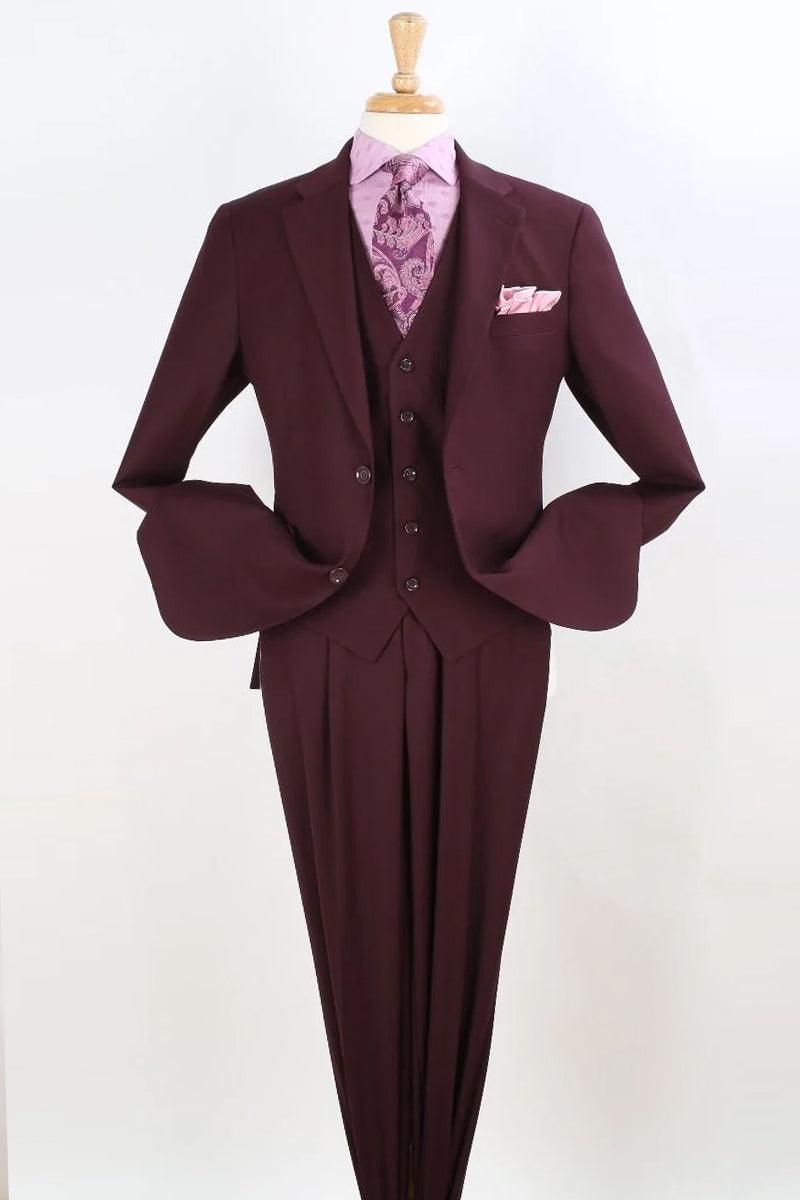 Apollo King Men's Classic Fit Vested Suit: Burgundy Pleated Pant with Two Buttons - Elegant Mensattire