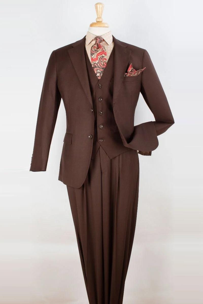 "Apollo King Men's Classic Fit Vested Suit with Two-Button Pleated Pants in Brown" - Elegant Mensattire