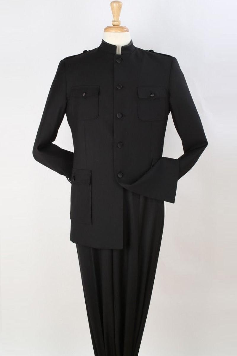 "Apollo King Men's Fashion-Forward 5-Button Mandarin Safari Suit in Black" - Elegant Mensattire