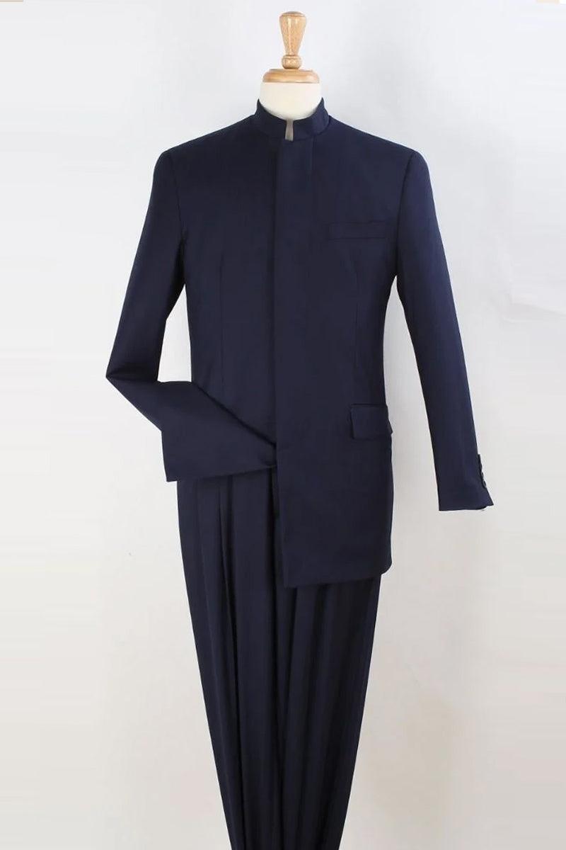 "Apollo King Men's French Front Navy Suit w/Mandarin Banded Collar" - Elegant Mensattire