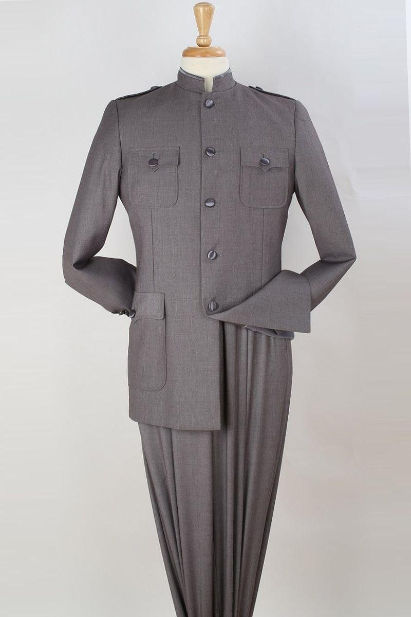 Apollo King Men's Grey Military-Inspired Mandarine-Banded Safari Suit - Elegant Mensattire