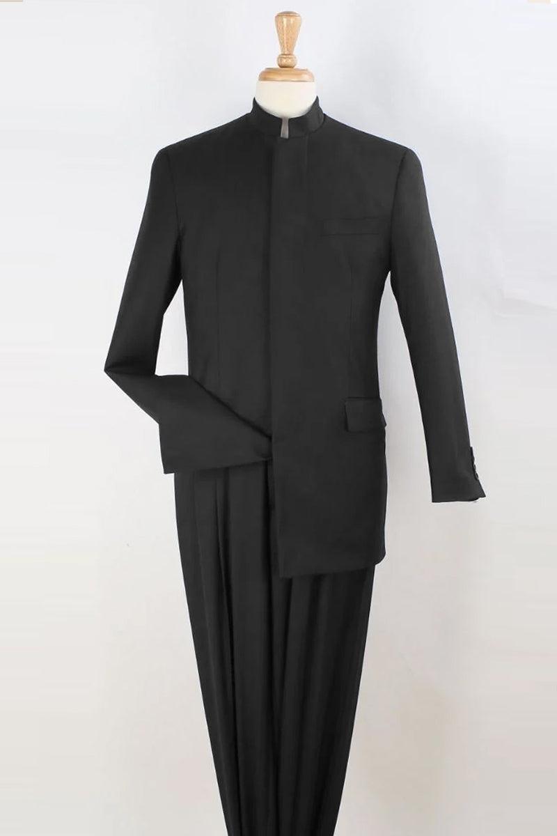 Apollo King Men's Mandarin Suit: French Front, Banded Collar, Black - Elegant Mensattire