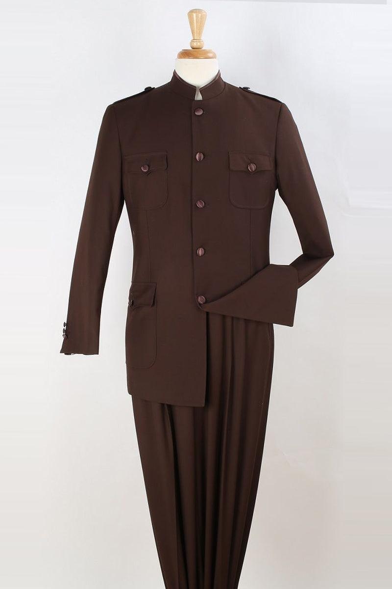 "Apollo King Men's Military-Inspired Safari Suit: Five-Button Mandarin Band in Brown" - Elegant Mensattire
