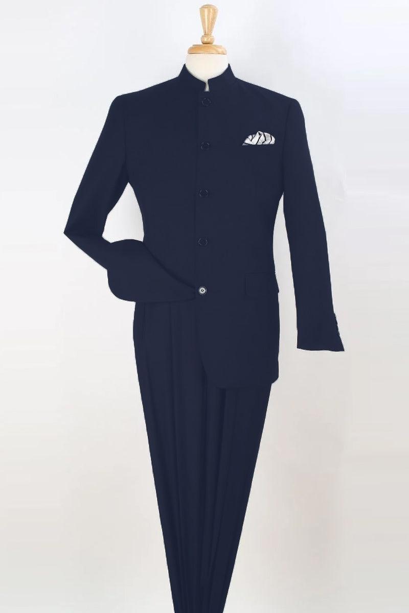Apollo King Men's Navy Mandarin Suit - 5-Button Banded Collar Fashion - Elegant Mensattire