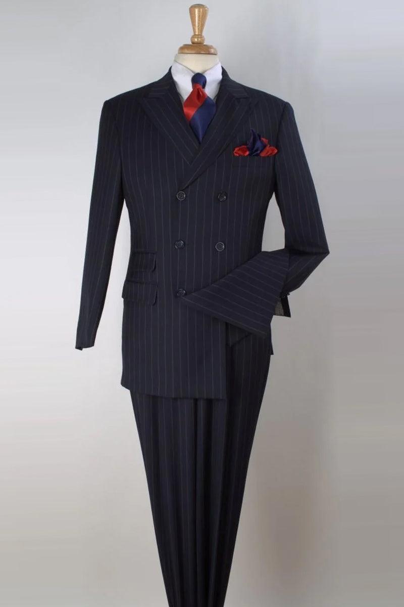 Apollo King Men's Navy Pinstripe Wool Vested 3/4 Double Breasted Suit - Elegant Mensattire