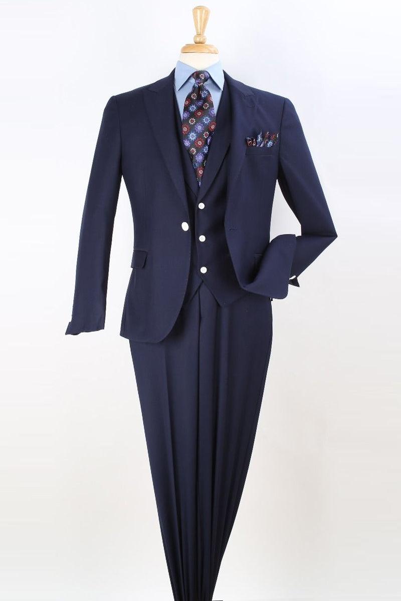 "Apollo King Men's Navy Vested Suit: Modern Fit & Peak Lapel" - Elegant Mensattire