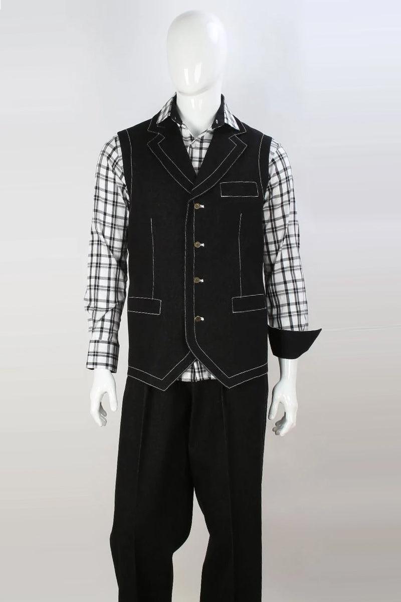 Apollo King Men's Notch Lapel Black Denim Double-Breasted Vest and Pant Set - Elegant Mensattire