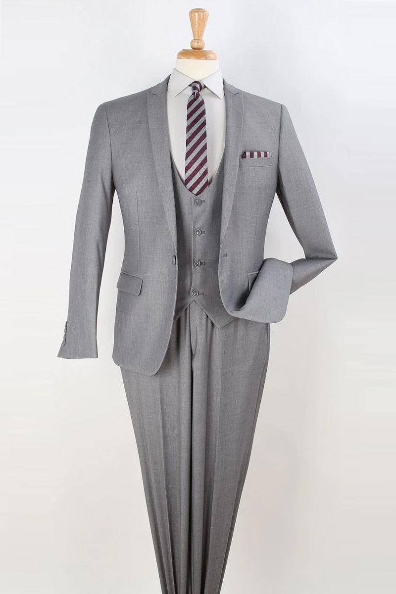 Apollo King Men's Slim Fit Skinny Suit in Light Grey | Vested Peak Lapel & One-Button Closure - Elegant Mensattire