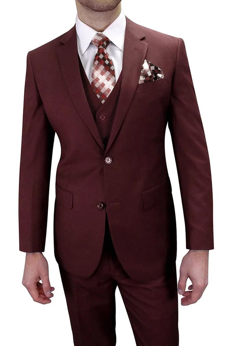 "Apollo King Men's Vested Tuxedo Suit: Classic Fit, Two-Button, Burgundy" - Elegant Mensattire