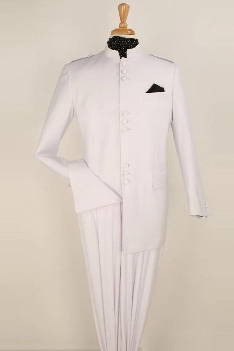 Apollo King Men's White Military Banded Collar Safari Suit - Elegant Mensattire