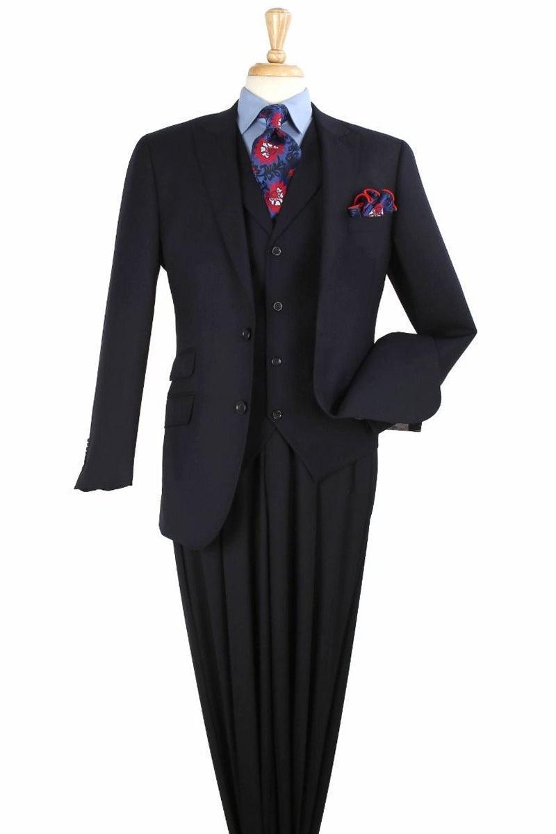 Apollo King Men's Wool Navy Blue Suit: 2 Btn Wide Peak Lapel DB Slant Vest - Elegant Mensattire