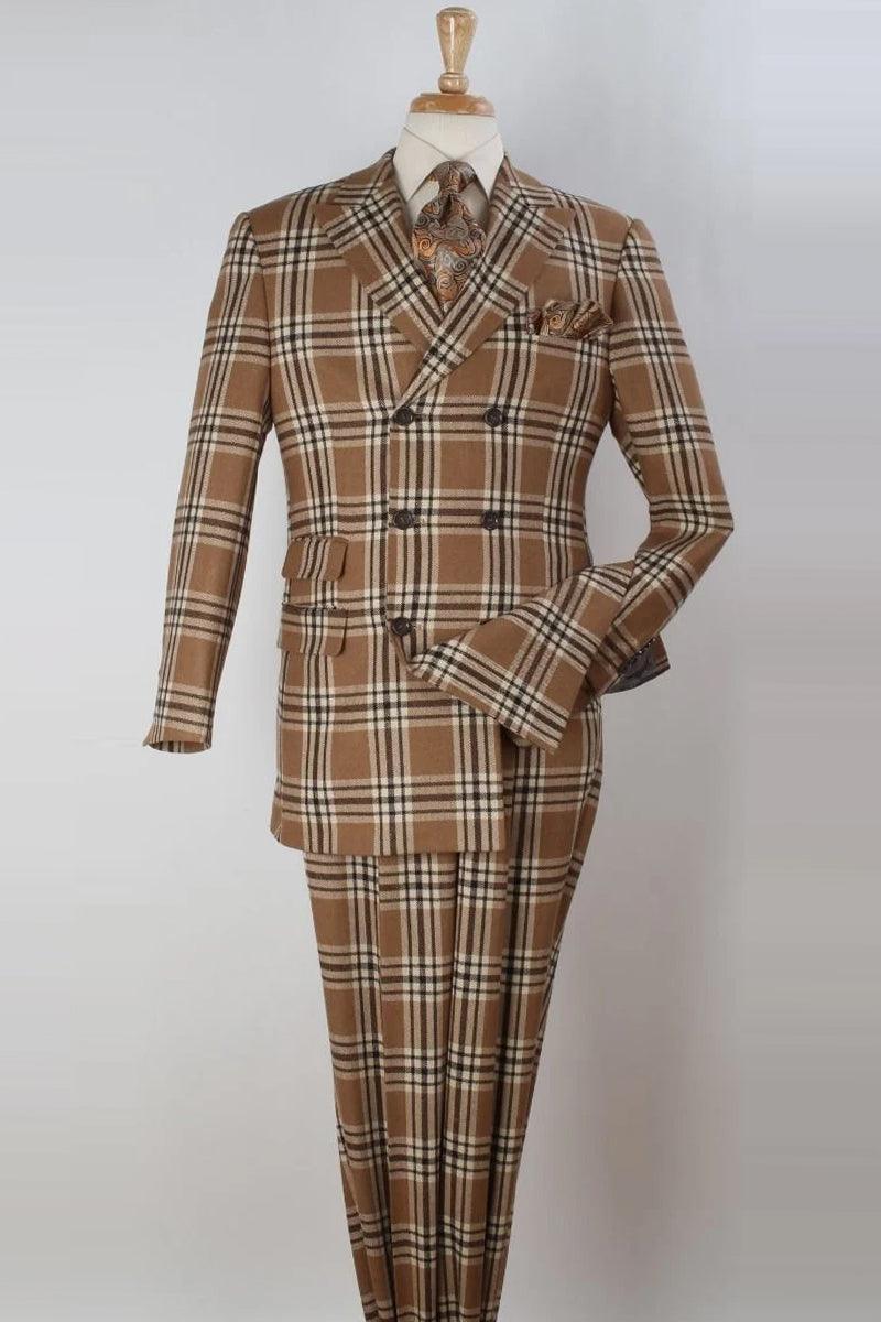 Apollo King Men's Wool Vested Suit: Tan & Brown Windowpane Plaid 3QTR DB - Elegant Mensattire