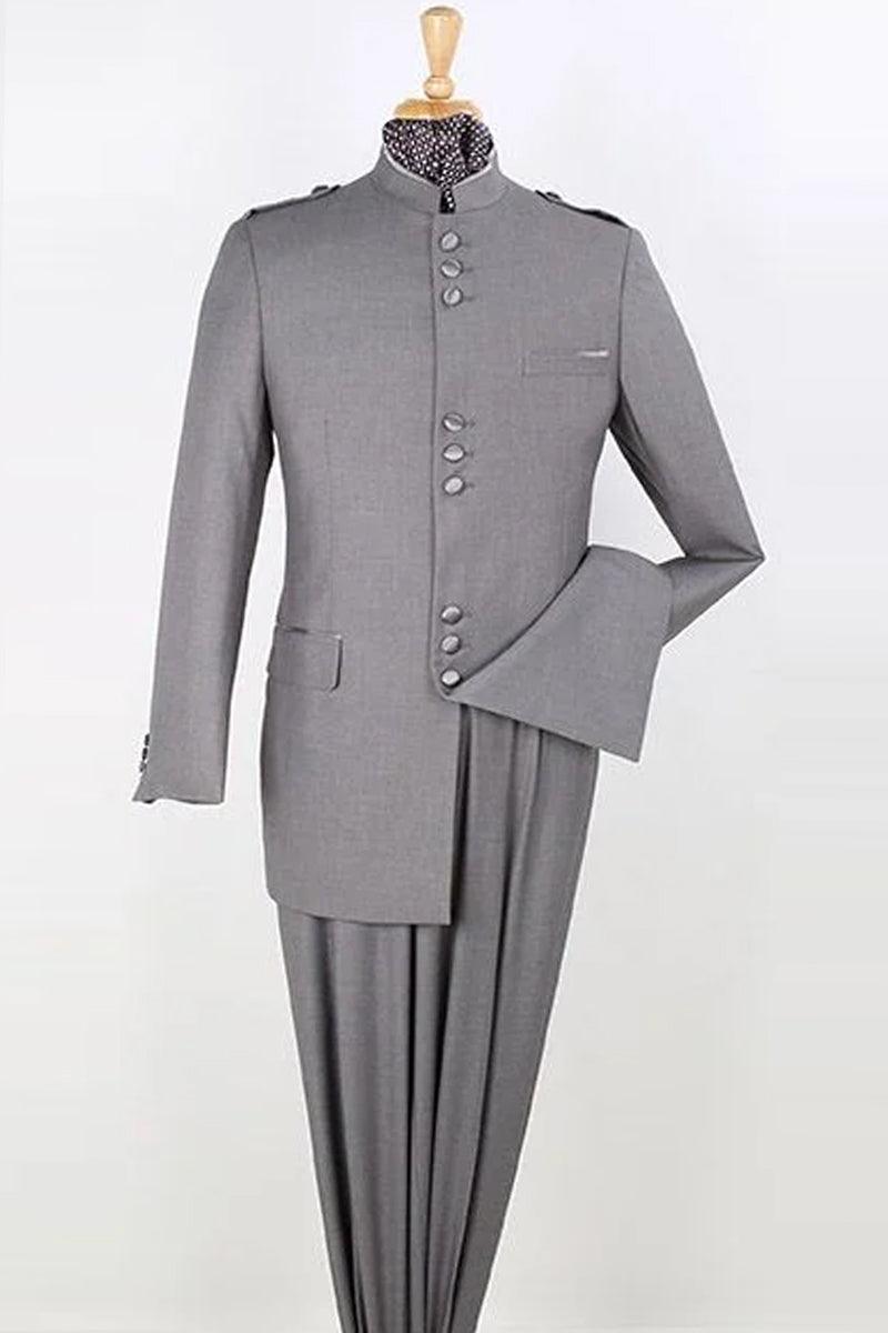 Apollo King Mens Classic Safari Suit: Military Banded Collar, Light Grey - Elegant Mensattire
