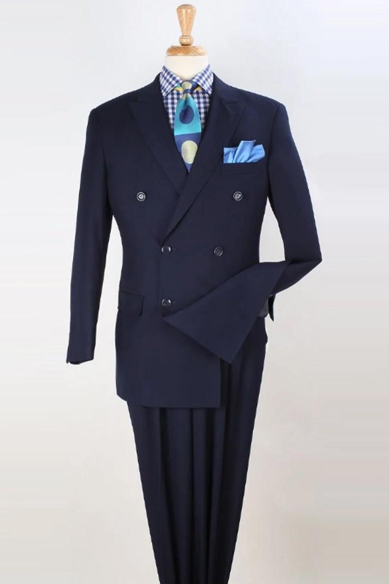 Apollo King Mens Classic Wool Feel Navy Double-Breasted Lux Suit - Elegant Mensattire