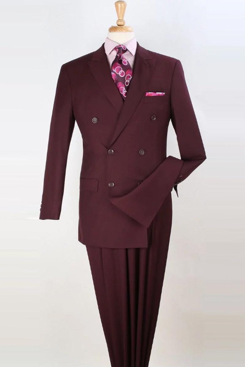 Apollo King: Mens Luxury Wool-Feel Double-Breasted Suit, Burgundy - Elegant Mensattire