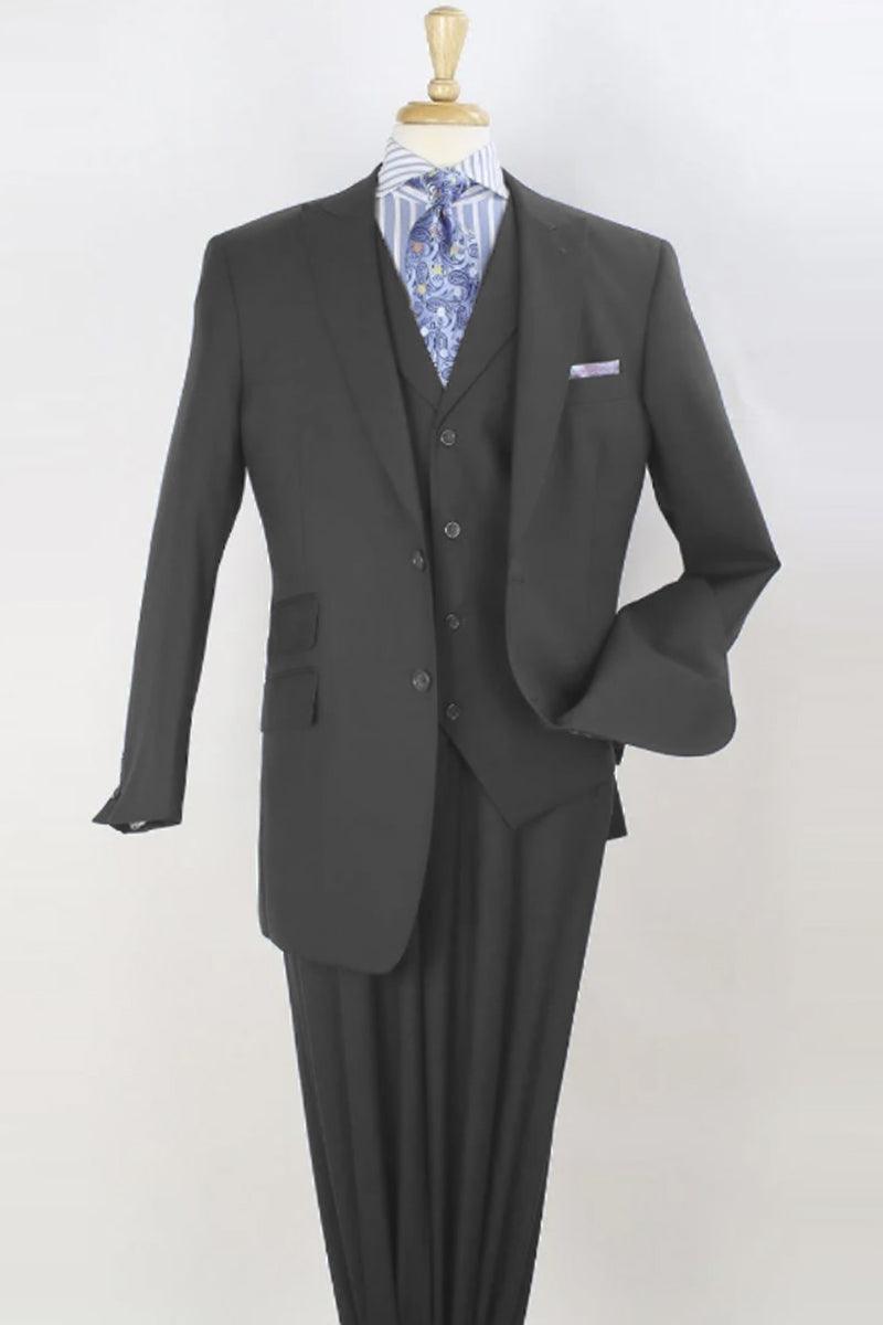 Apollo King Merino Wool Charcoal Vested Suit - Wide Peak Lapel - Elegant Mensattire