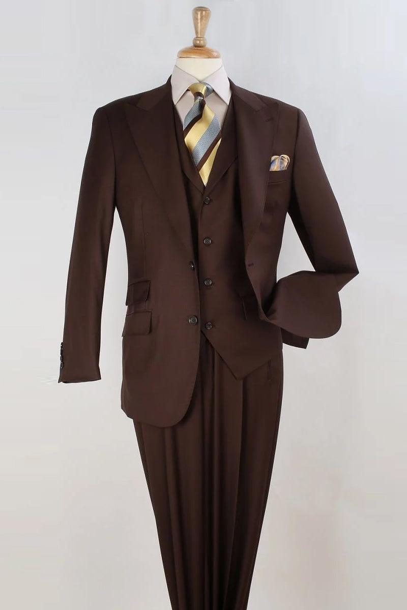 Apollo King Super 150s Merino Wool Brown Vested Suit with Wide Peak Lapel - Elegant Mensattire