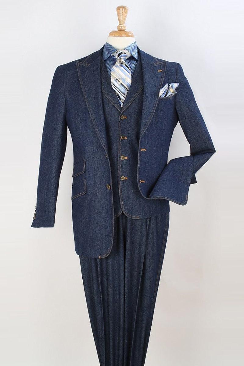 Apollo King Two-Button Peak Lapel Vested Denim Suit - Cool Blue Navy - Elegant Mensattire