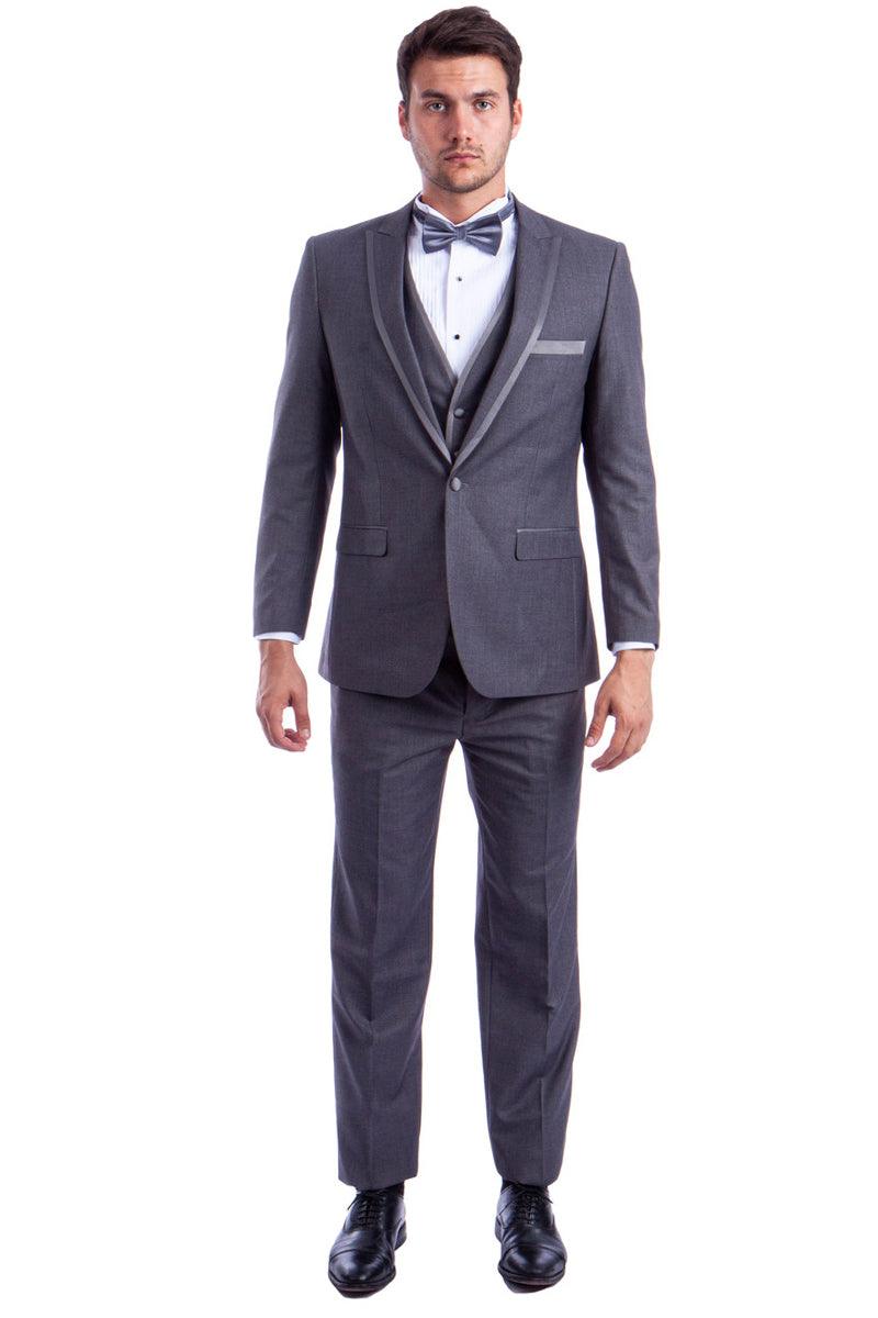 Azzuro Men's Grey 1-Btn Peak Wedding Tuxedo w/ Luxe Satin Trim - Elegant Mensattire