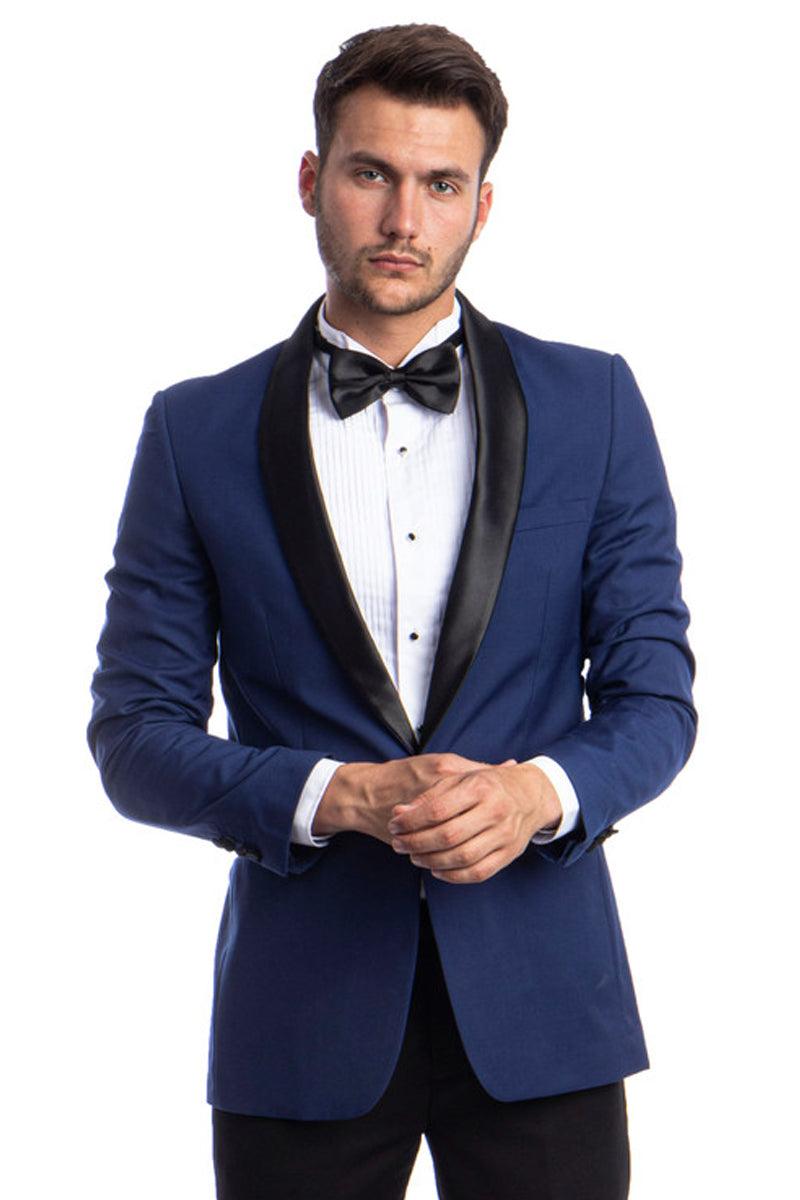 Azzuro Men's One Button Skinny Fit Blue Shawl Prom Tuxedo - Elegant Mensattire