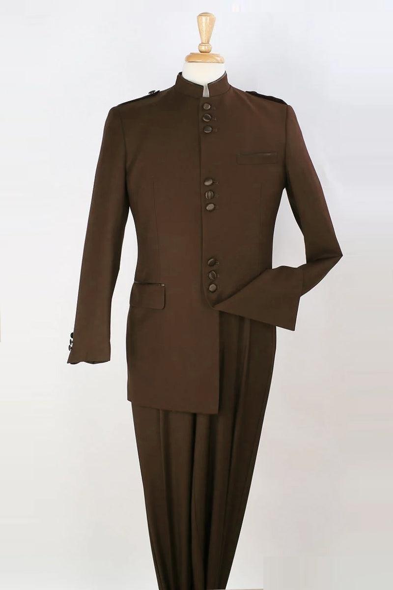 "Banded-Collar Mandarin Safari Suit by Apollo King-Classy Menswear in Brown" - Elegant Mensattire