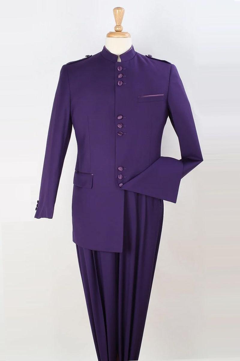 Banded Collar Mandarin Safari Suit for Men | Apollo King | Purple - Elegant Mensattire