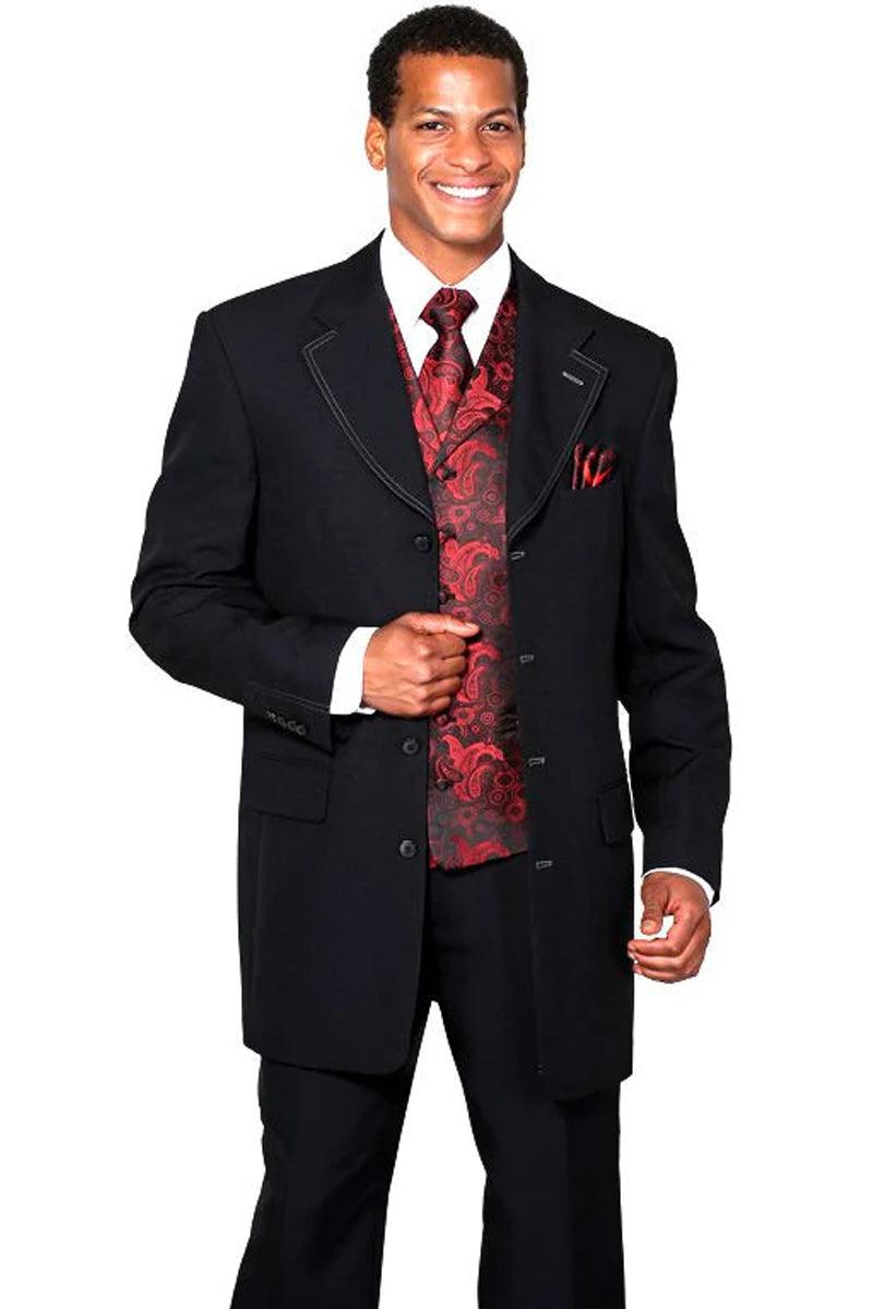 "Black & Red Paisley 4-Button Long Vested Suit – Fortino Landi" - Elegant Mensattire