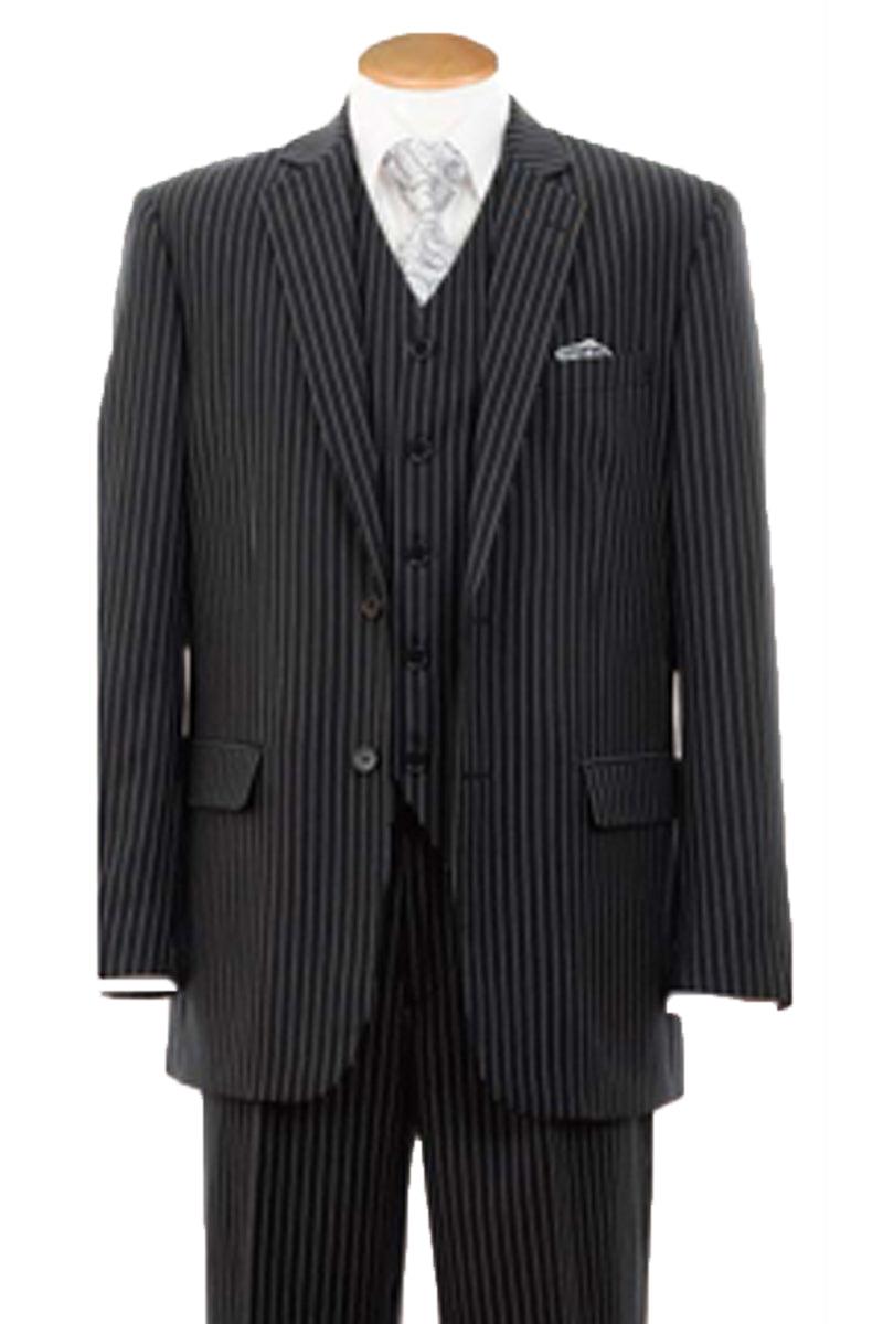 "Black Gangster Suit by Fortino Landi: 2-Button Vested Pinstripe" - Elegant Mensattire