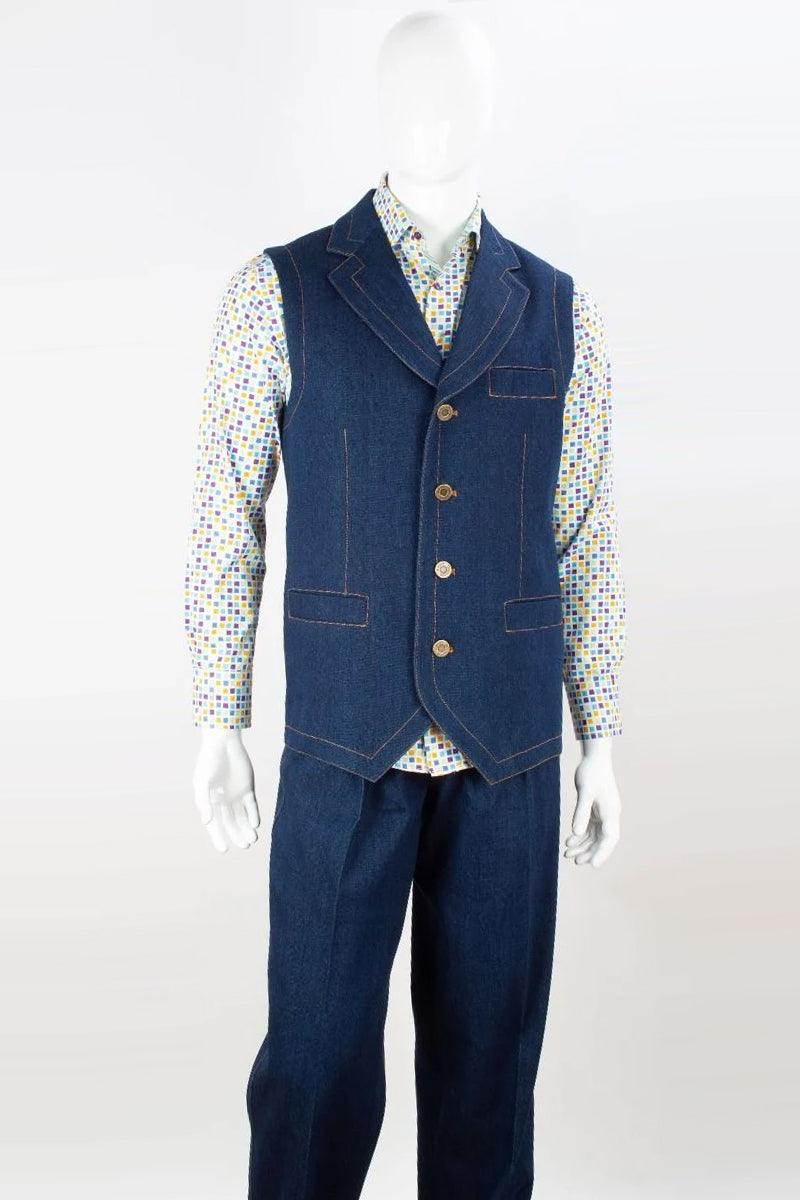 Blue Apollo King Mens Double-Breasted Denim Vest & Pant Set: Notch Lapel - Elegant Mensattire