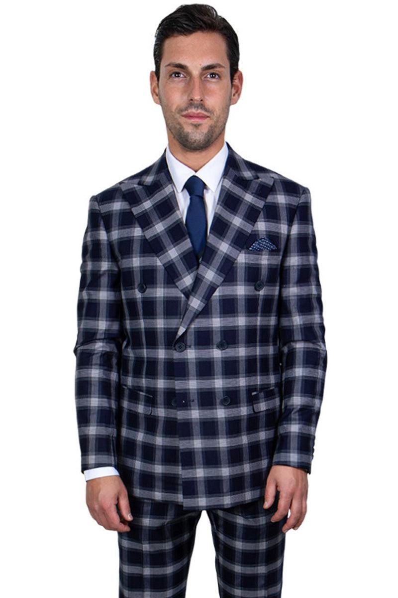 Bold Navy Men's Stacy Adams Double-Breasted Suit in Windowpane Plaid - Elegant Mensattire