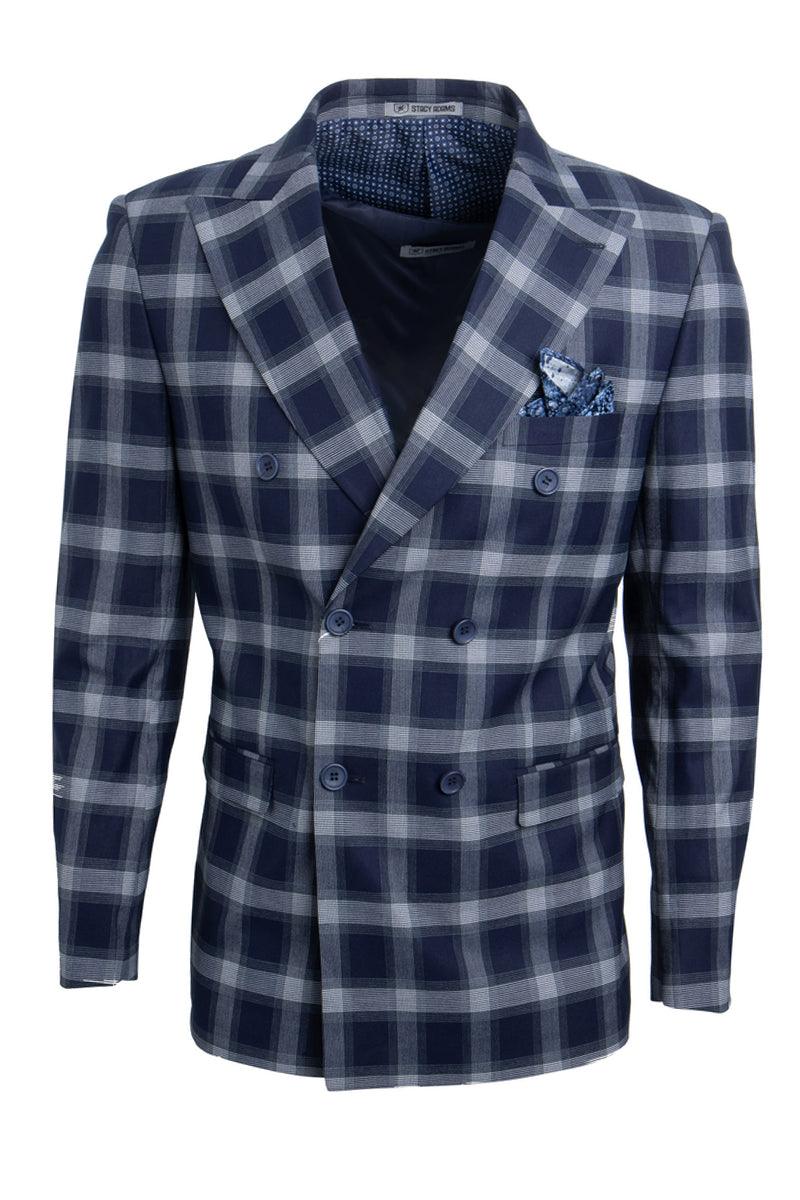 Bold Navy Men's Stacy Adams Double-Breasted Suit in Windowpane Plaid - Elegant Mensattire