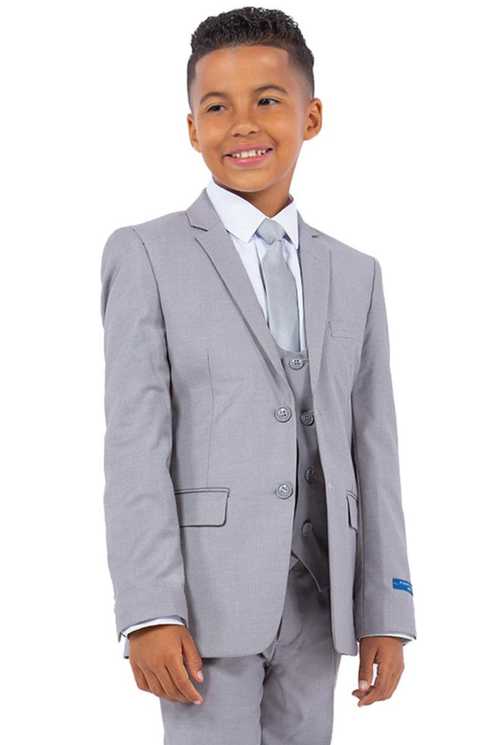 "Boys' Wedding Suit by Perry Ellis: Classy Light Grey Vested Look" - Elegant Mensattire