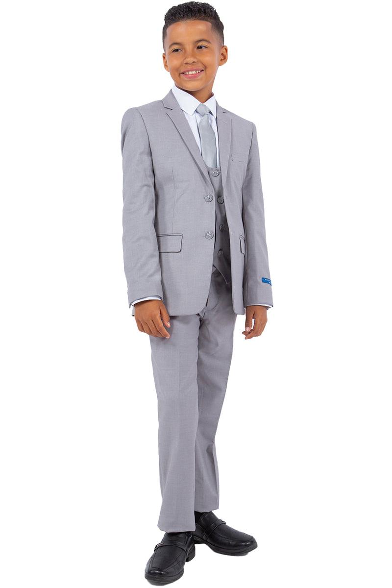 "Boys' Wedding Suit by Perry Ellis: Classy Light Grey Vested Look" - Elegant Mensattire