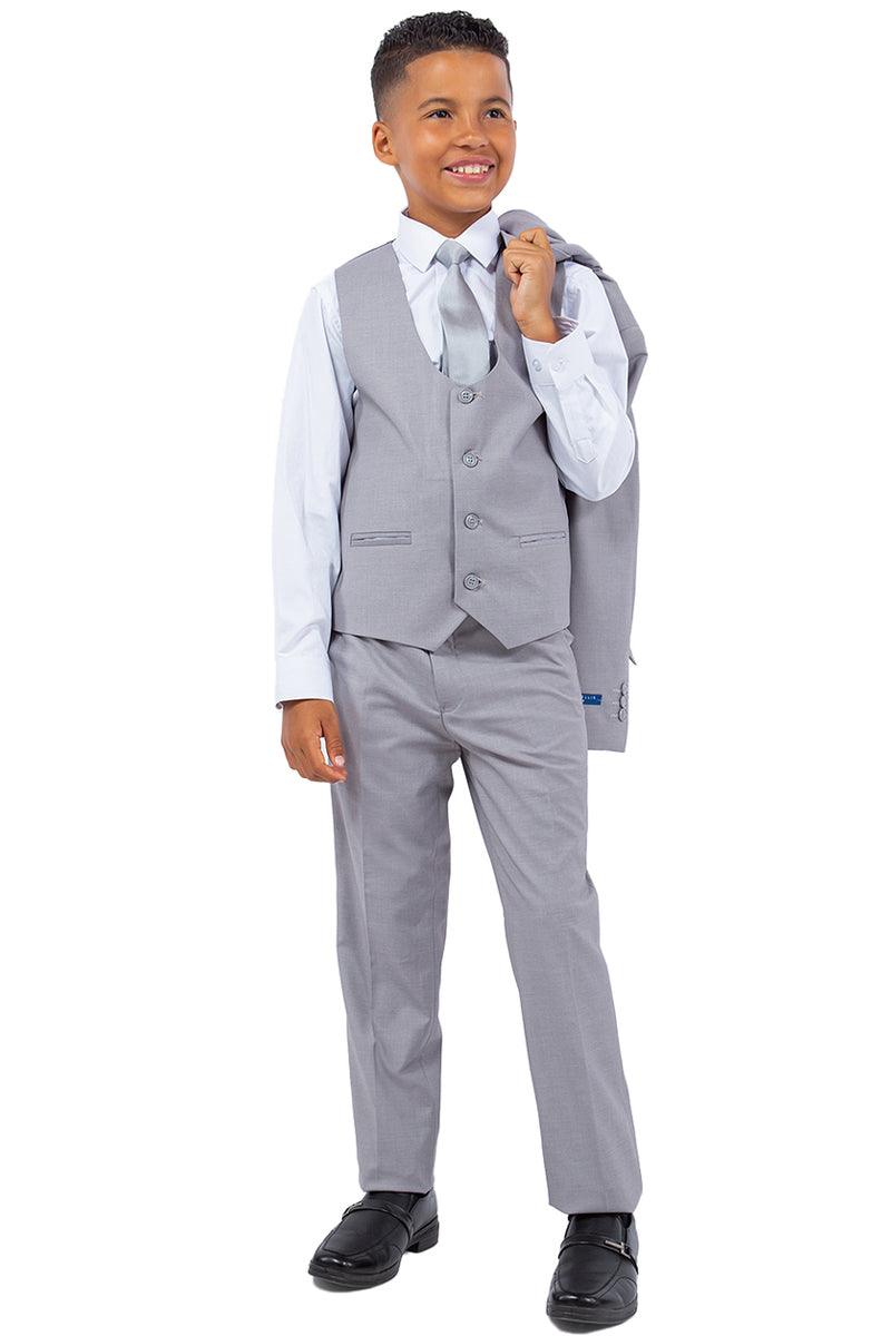 "Boys' Wedding Suit by Perry Ellis: Classy Light Grey Vested Look" - Elegant Mensattire